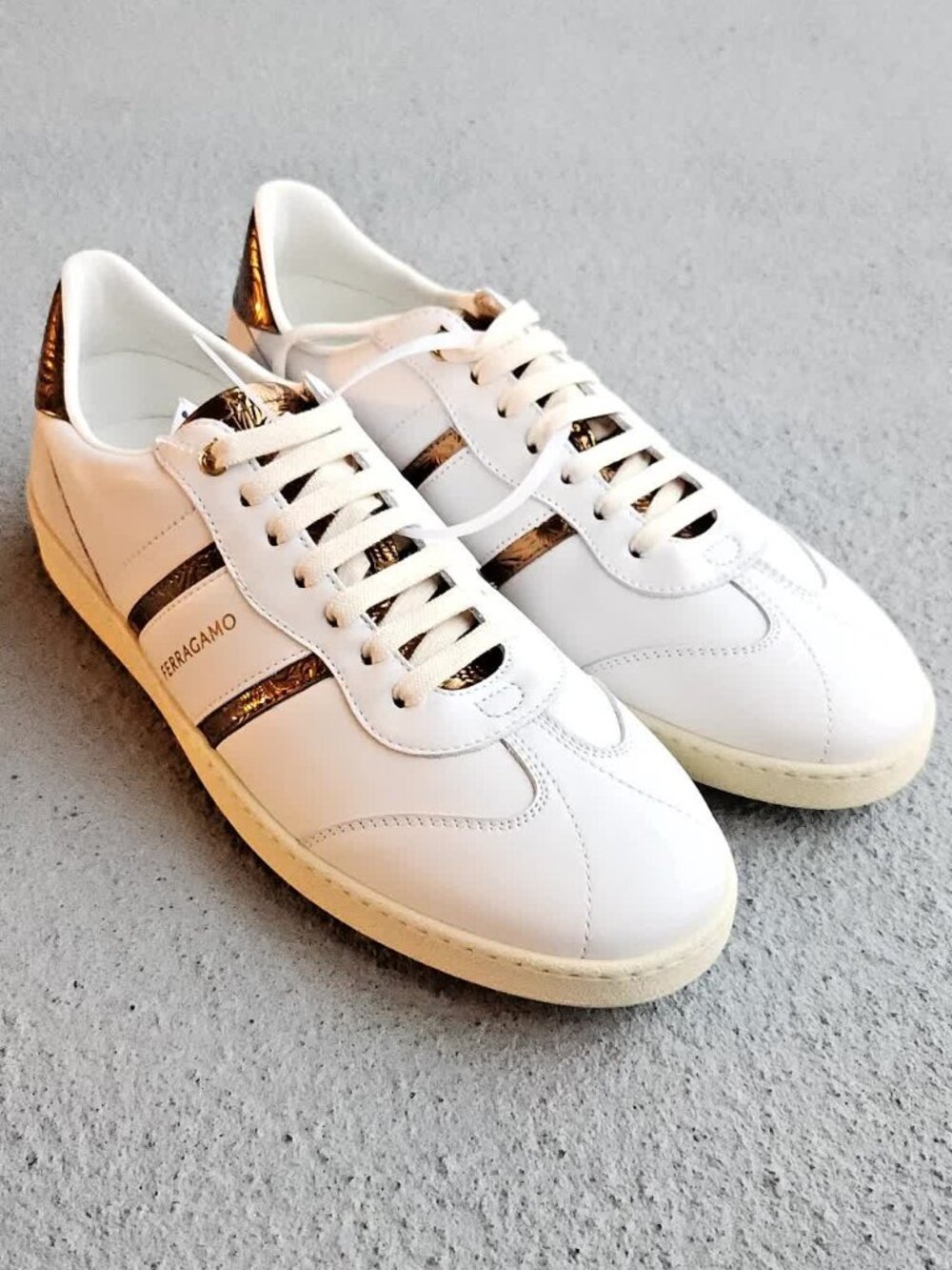 Salvatore Ferragamo Sneakers Achille 2 Bianco White / Gold Mens Sz 9.5 M